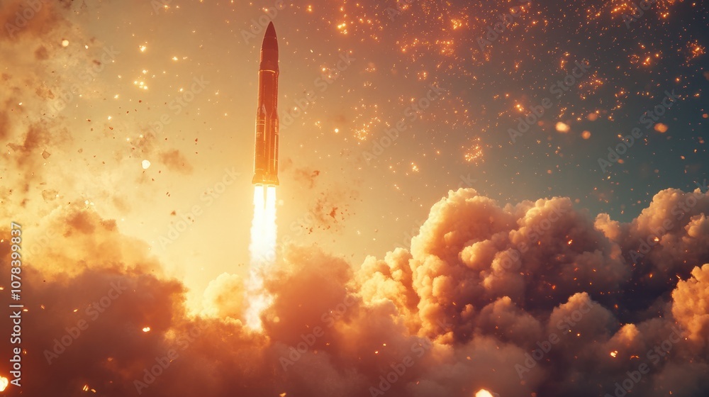 Fototapeta premium Rocket liftoff with glowing flames and dense smoke trailing, isolated against a bright sky