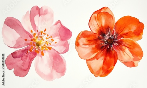 Watercolor flowers, pink and orange blooms, delicate petals, vibrant colors photo