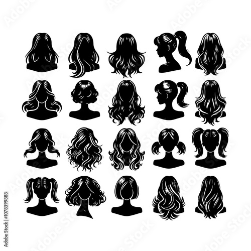 Women wigs hairstyle silhouette vector. Different type of Women wigs hairstyle vector icon on a white background 