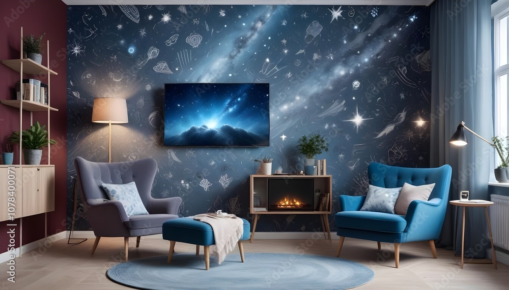 Scandinavian living room interior design zoom background,Doodle Galaxy patterned wallpaper graphics Scandinavian living room interior design zoom background,Doodle Galaxy patterned wallpaper graphics