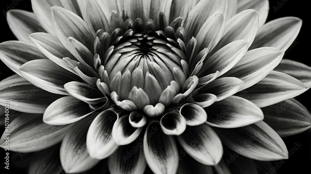 Black and white photo, A monochrome dahlia on a black background Black and white photo, A monochrome dahlia on a black background