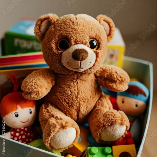 The teddy bear sits on a cardboard box overflowing with toys, likely collected for donation or charity. The image evokes themes of generosity, childhood, and giving back to society.