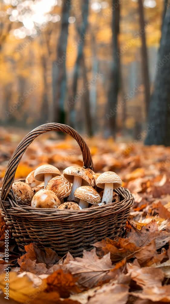 Basket holding mushrooms in autumn forest Basket holding mushrooms in autumn forest