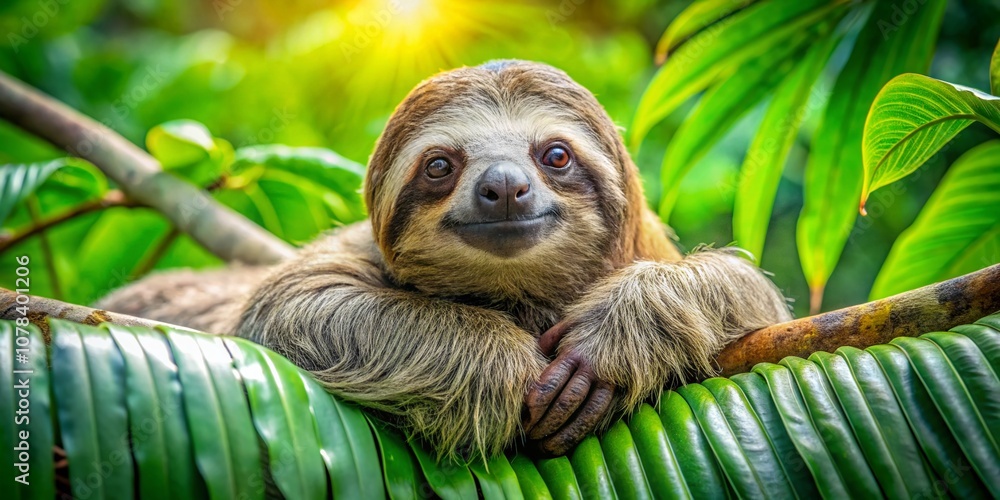 Obraz premium Adorable Sloth Lounging Comfortably on a Tree Branch in a Lush Tropical Forest, Showcasing its Unique Features and the Serenity of Nature's Wildlife Habitat