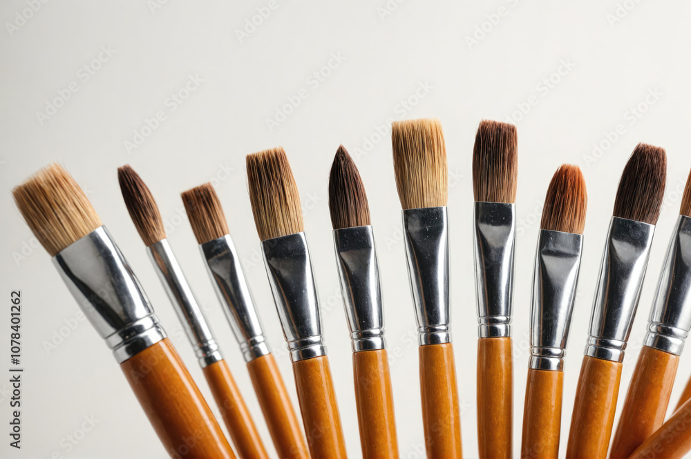 A collection of paintbrushes with brown handles and silver ferrules are arranged in a fan shape against a white background A collection of paintbrushes with brown handles and silver ferrules are arranged in a fan shape against a white background