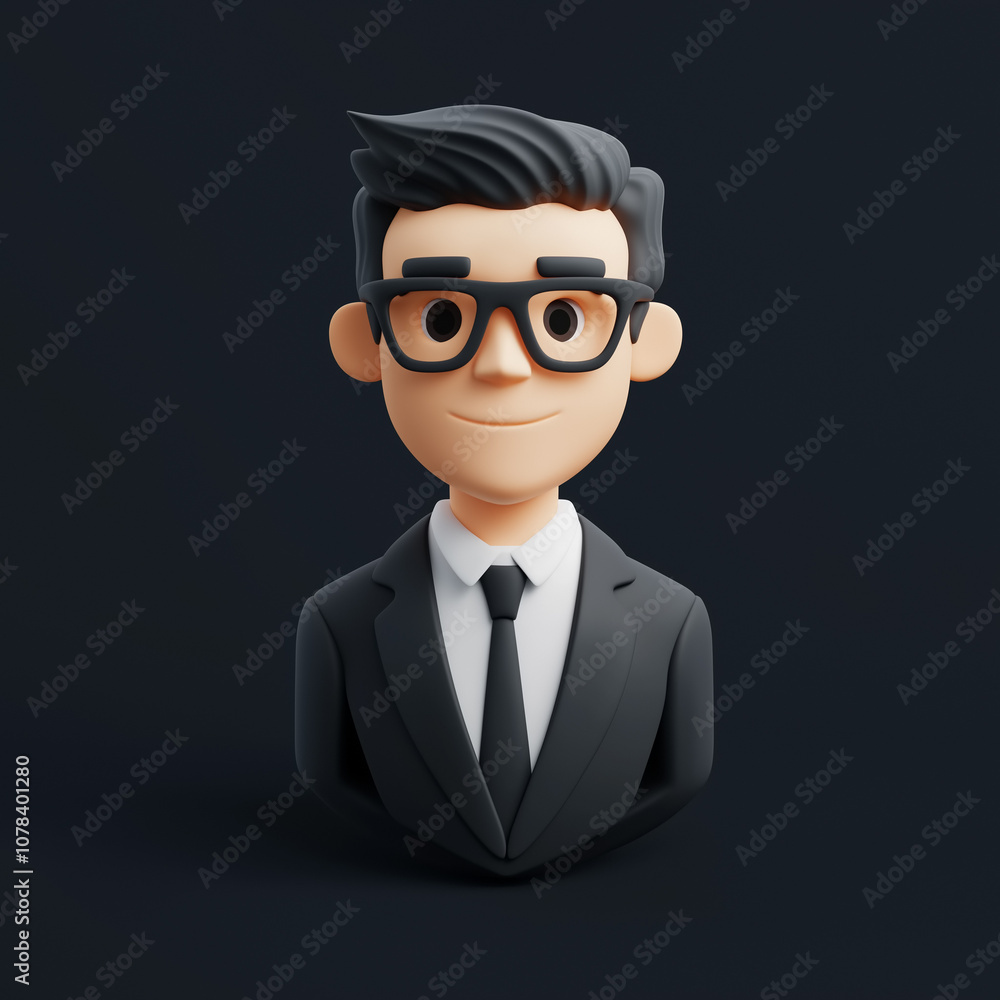 Corporate manager, 3D icon illustration, suit, tie, eyeglasses, isolated on black background, design concept and education material. Corporate manager, 3D icon illustration, suit, tie, eyeglasses, isolated on black background, design concept and education material.