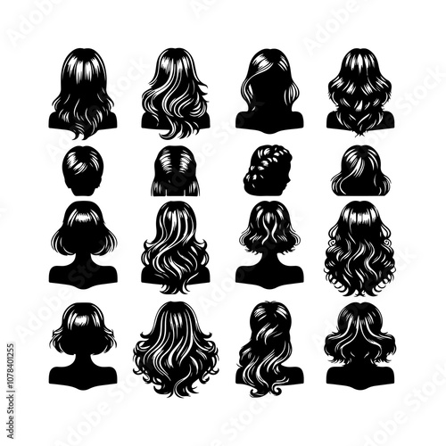 Women wigs hairstyle silhouette vector. Different type of Women wigs hairstyle vector icon on a white background 