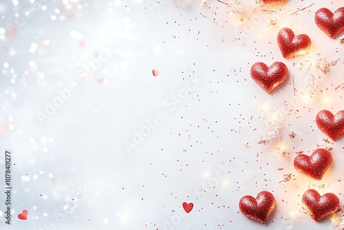 Smooth white background with scattered pale red hearts and sparkles.