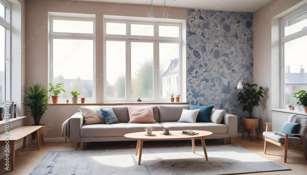 Fototapeta premium Scandinavian living room interior design zoom background,Doodle Galaxy patterned wallpaper graphics