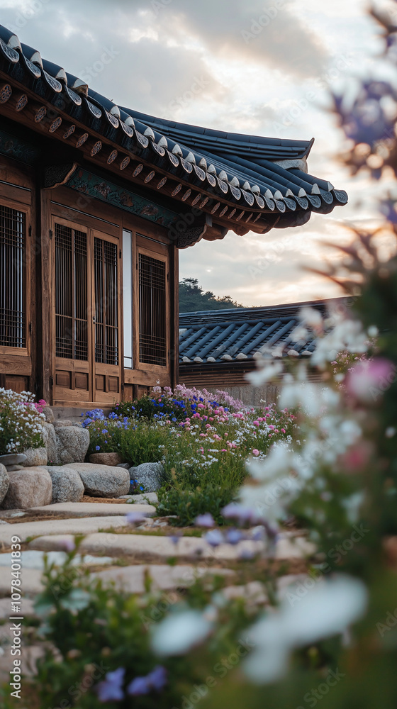 Fototapeta premium Traditional Korean house, path, stone wall in traditional style, korean temple in the morning