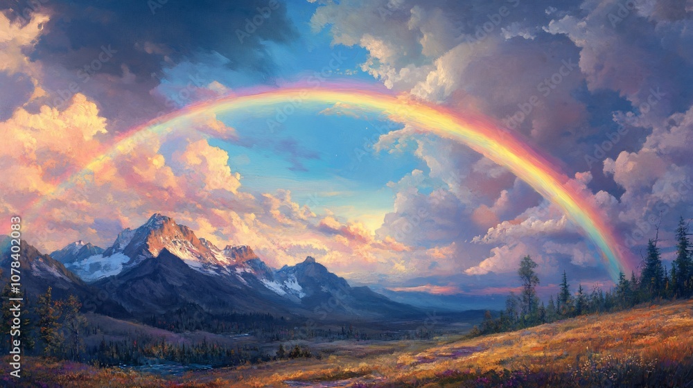 A vibrant rainbow arches over a majestic mountain range, with a lush green valley in the foreground and fluffy clouds filling the sky. A vibrant rainbow arches over a majestic mountain range, with a lush green valley in the foreground and fluffy clouds filling the sky.