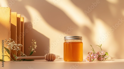 Showcase the beauty of raw honey in a glass jar with glossy golden hues
