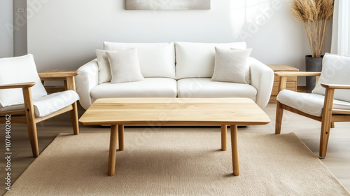 Modern living room interior with white sofa, wooden coffee table, two armchairs, decorative pillows, and a beige rug on wooden flooring.