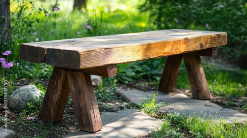 Building a rustic wooden bench with thick planks and sturdy legs