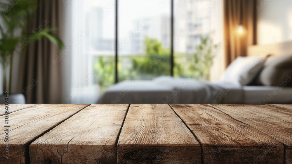 Wooden Tabletop in a Modern Bedroom Wooden Tabletop in a Modern Bedroom