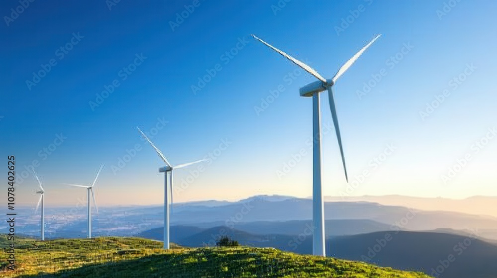 Wind turbines harness renewable energy on a green hillside at sunset Wind turbines harness renewable energy on a green hillside at sunset