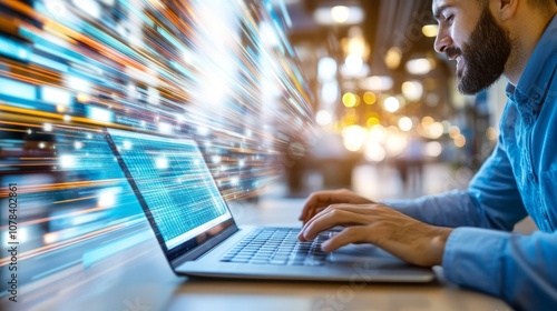 Businessman Working on Laptop with Blurred Lights and Data Stream
