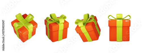 Christmas box red with green ribbon in different projections isolated. Realistic vector Festive, holiday, Christmas 3d present PNG