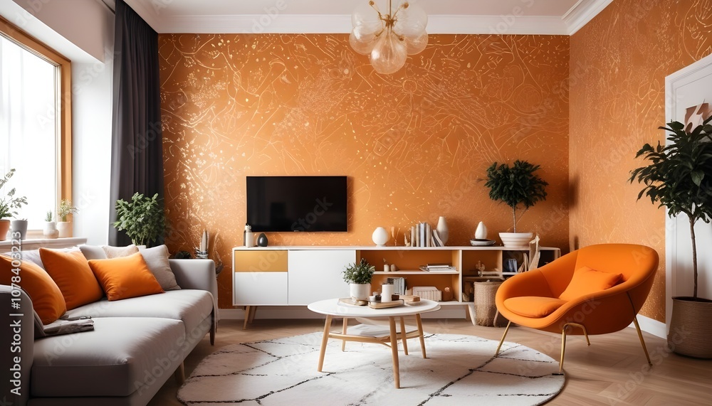 Fototapeta premium Scandinavian living room interior design zoom background,Doodle Galaxy patterned wallpaper graphics