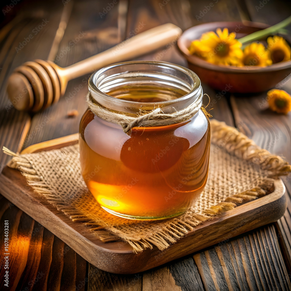 A jar of honey rests on a table, accompanied by a wooden spoon. A jar of honey rests on a table, accompanied by a wooden spoon.