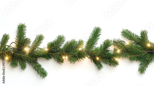 
Holiday-inspired seamless border with pine tree branches and glowing Christmas lights on a clean white background
