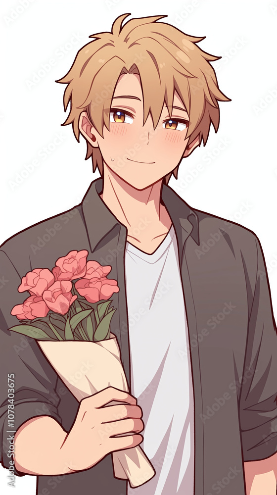 Handsome Anime Boy with a Bouquet of Flowers Handsome Anime Boy with a Bouquet of Flowers