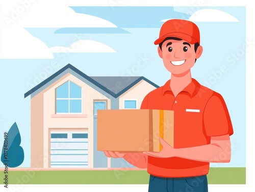 A delivery person holding a parcel, smiling in front of a suburban house