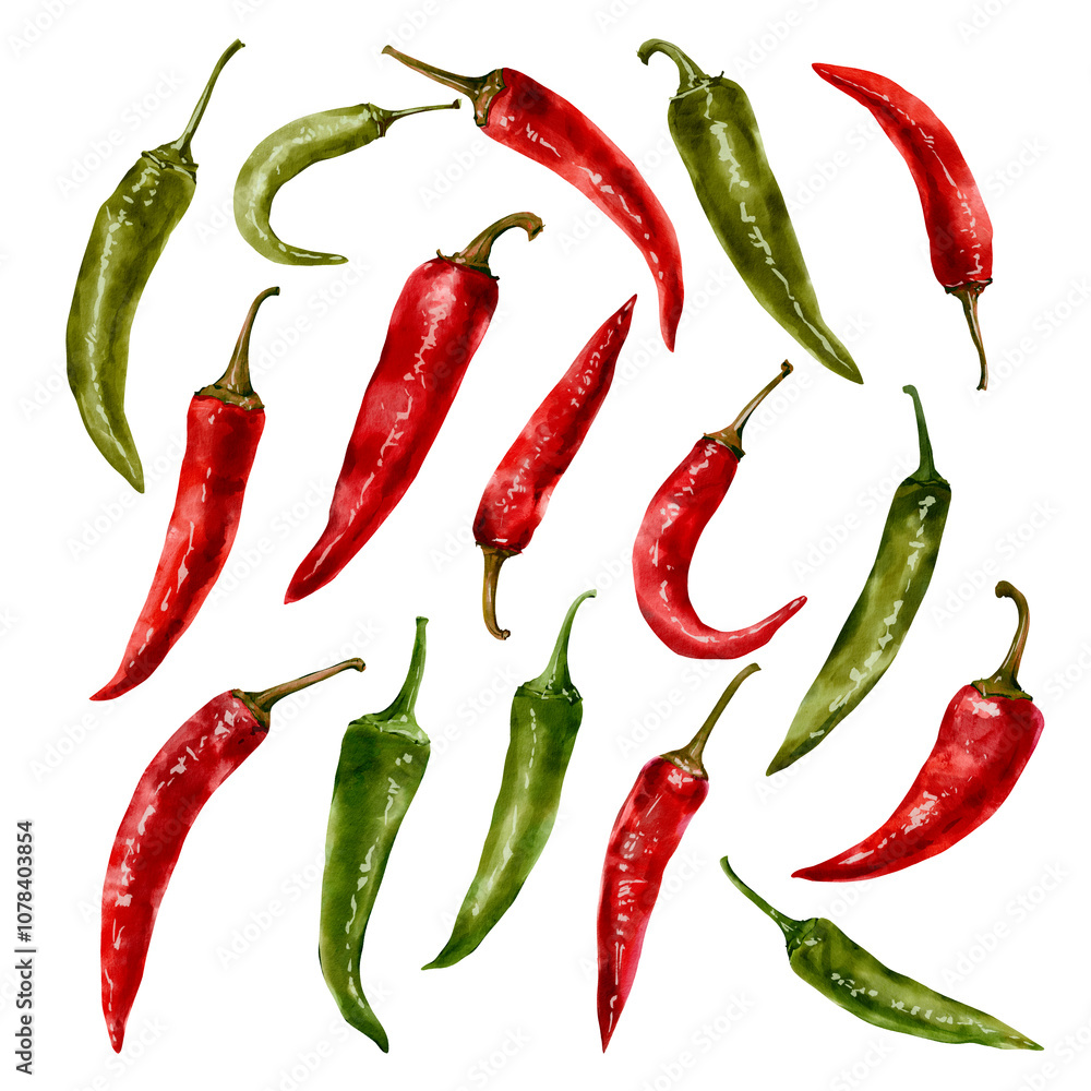 Watercolor set with red and green chili peppers. Perfect clip art for your projects. Suitable for backgrounds, textiles, wrapping paper, menus, packaging, stickers, etc. Watercolor set with red and green chili peppers. Perfect clip art for your projects. Suitable for backgrounds, textiles, wrapping paper, menus, packaging, stickers, etc.