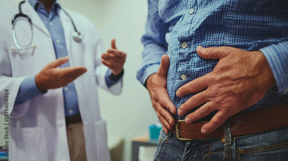 Doctor discussing health with patient holding stomach, showing concern Doctor discussing health with patient holding stomach, showing concern