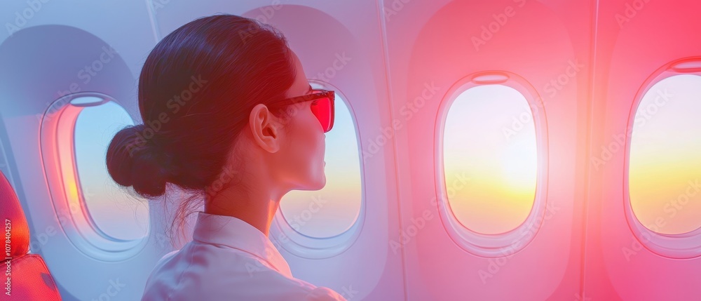 A flight attendant demonstrates safety procedures to passengers seated in a brightly lit airplane cabin A flight attendant demonstrates safety procedures to passengers seated in a brightly lit airplane cabin