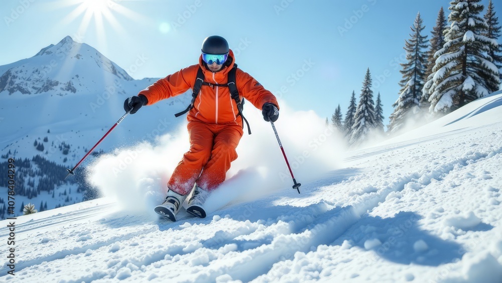 A skier rushes through the snowy mountains. A skier rushes through the snowy mountains.
