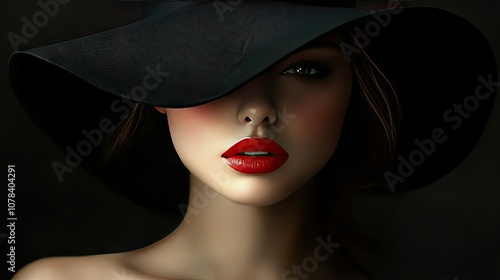Wallpaper Mural Portrait of a young woman in a black hat with bright red lips, eyes soft and gaze mysterious. Torontodigital.ca