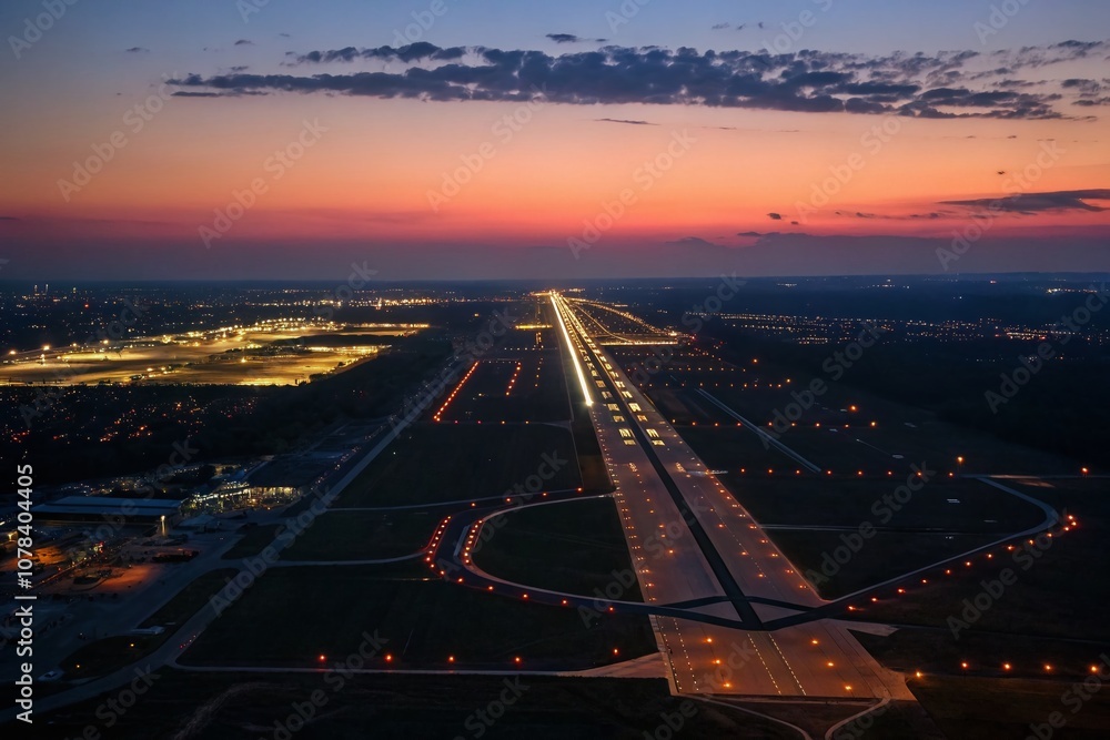 Fototapeta premium Aerial Silhouette Photography of an Airport Runway Landing Strip at Dusk, Capturing the Contrast of Runway Lights Against the Darkening Sky for Stunning Visuals