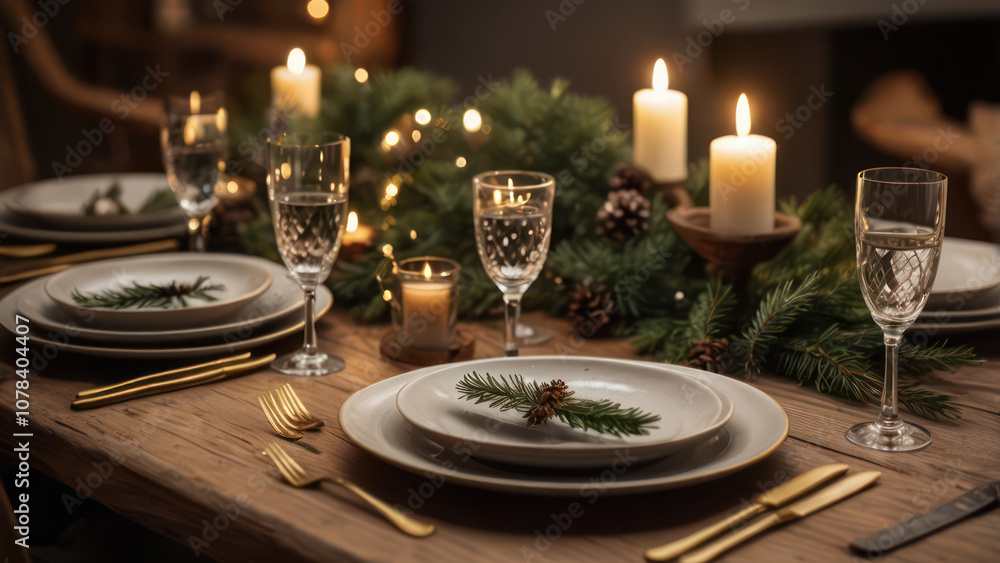 festive dining table beautifully arranged with pine branches, golden candles, pine cones festive dining table beautifully arranged with pine branches, golden candles, pine cones