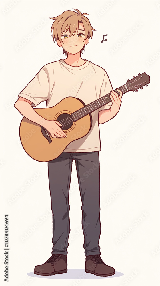 Anime Boy Playing Guitar - Charming Illustration Anime Boy Playing Guitar - Charming Illustration