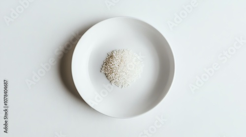 
A piece of rice on a white plate, isolated with a clean and clear white background