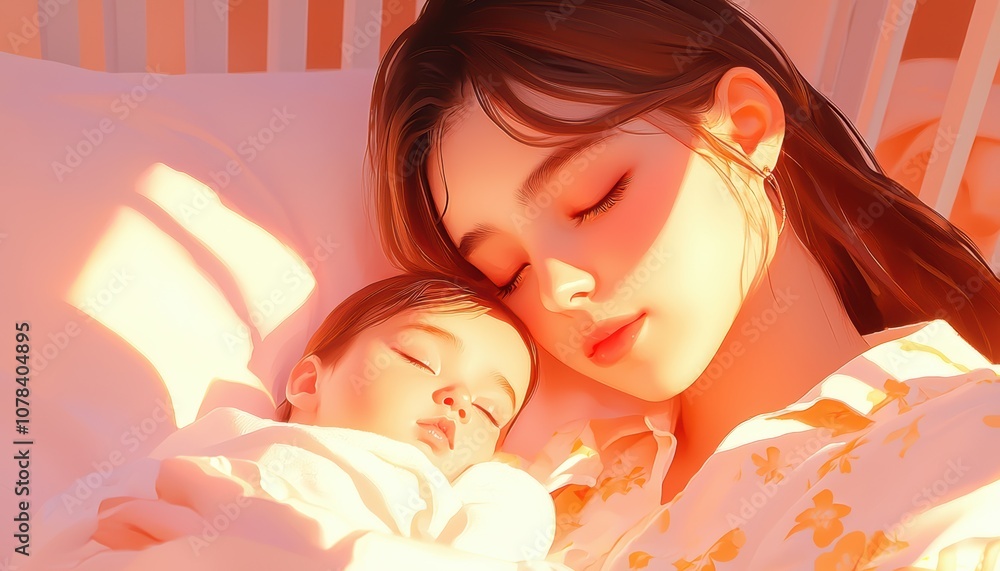 A new mother cradles her baby in a softly lit nursery, their faces glowing with warmth and a tender connection A new mother cradles her baby in a softly lit nursery, their faces glowing with warmth and a tender connection