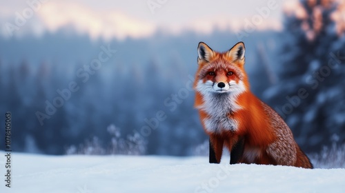 Fox in snowy landscape, alert and majestic; use cool palette 