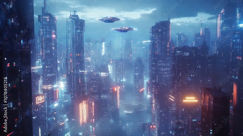 Futuristic Cityscape with Flying Vehicles Futuristic Cityscape with Flying Vehicles