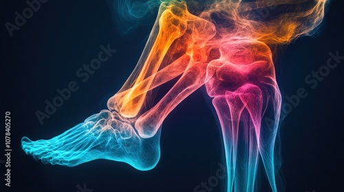 Colorful skeletal illustration of a human foot and lower leg with a focus on the ankle joint, rendering in a smoke-like effect against a dark background.