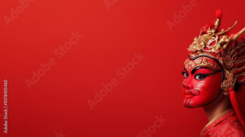 Colorful dragon dance performer in intricate costume with vivid red and gold hues background with empty space for text  photo