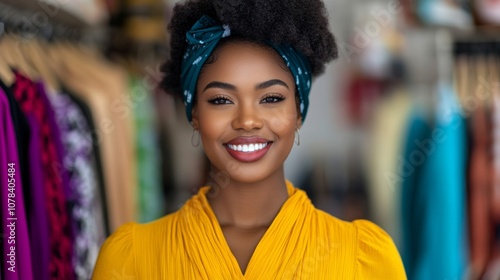 Portrait of smiling Black woman shopping in fashion boutique; vibrant palette 