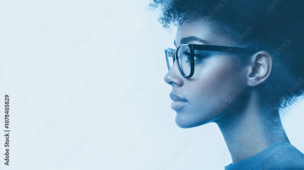 Businesswoman thinking, researching online; project manager reporting company progress Palette: blues, grays Businesswoman thinking, researching online; project manager reporting company progress Palette: blues, grays