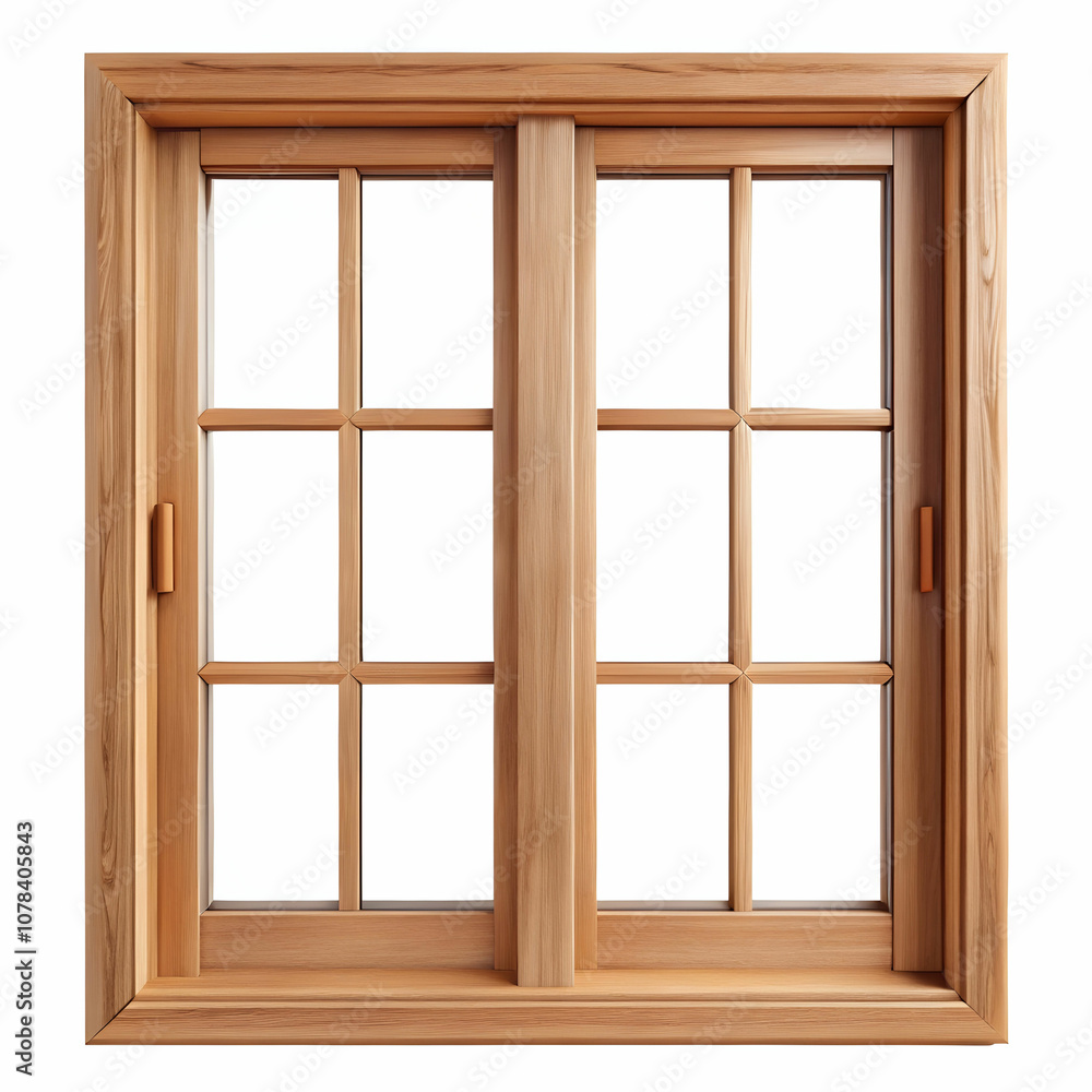 A wooden window design without glass showcases natural wood grain, framed against a crisp white background. A wooden window design without glass showcases natural wood grain, framed against a crisp white background.