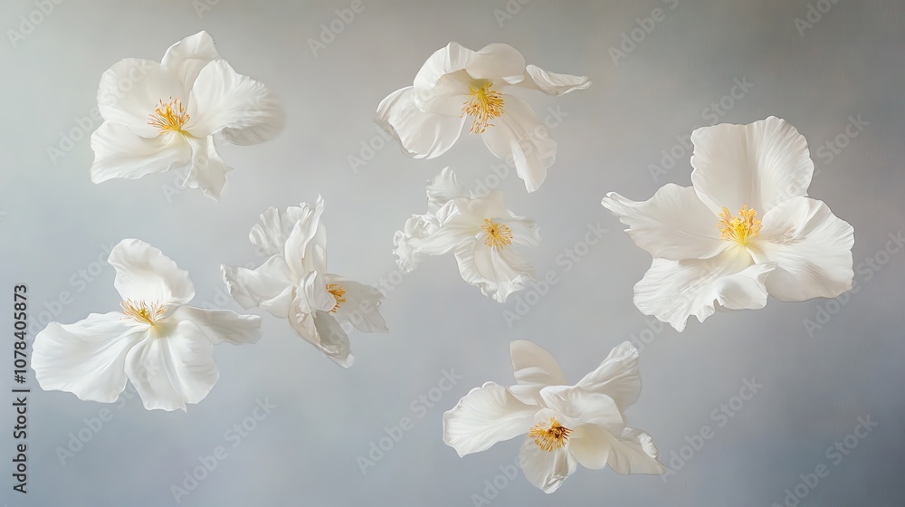 Six beautiful white flowers scattered in the air as if drifting in a gentle breeze raw realistic style no painting effects soft lighting Six beautiful white flowers scattered in the air as if drifting in a gentle breeze raw realistic style no painting effects soft lighting