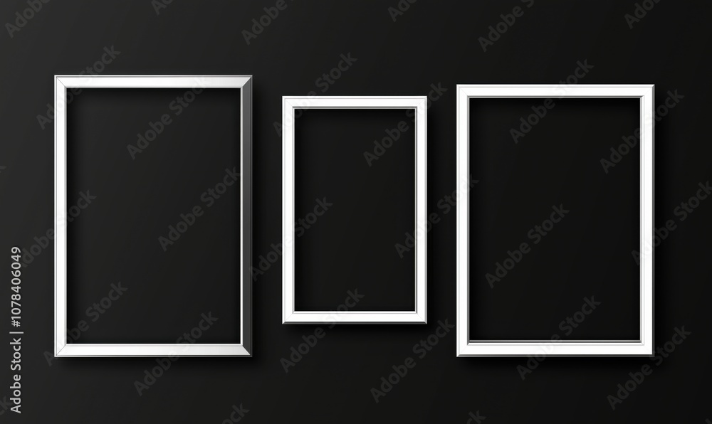 White picture frames on black background, various sizes, empty space for images White picture frames on black background, various sizes, empty space for images