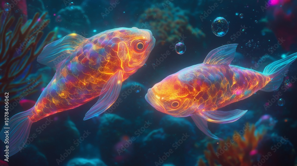 Fototapeta premium Surreal underwater world with glowing fish, ethereal ocean scene