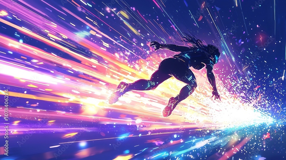 Futuristic Sprinter Blazing Through Colorful Light Trails in Energy Burst Futuristic Sprinter Blazing Through Colorful Light Trails in Energy Burst