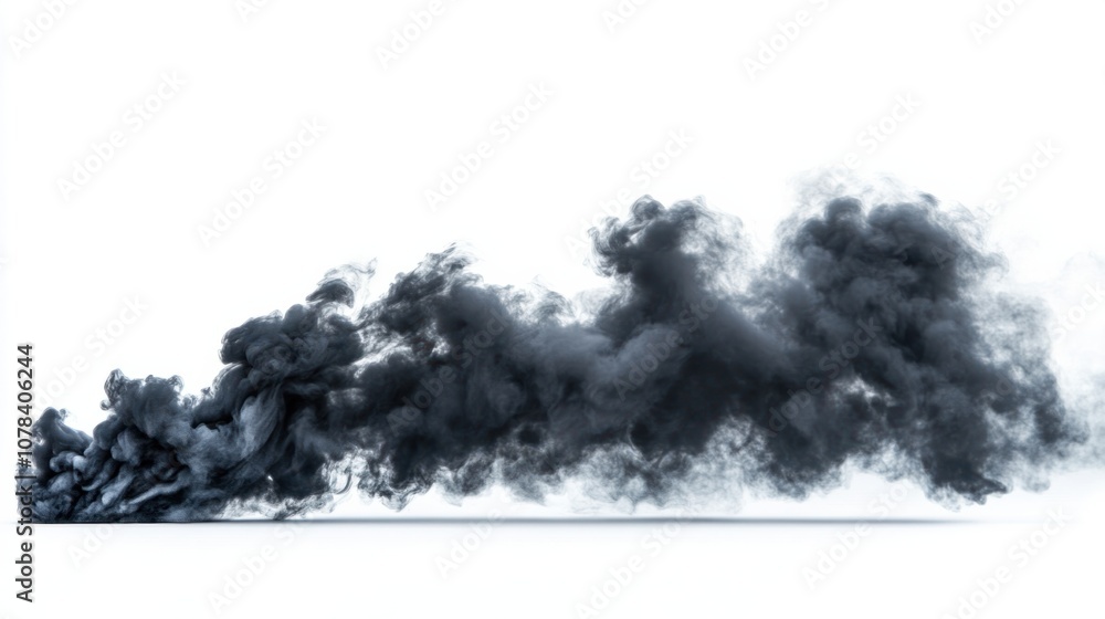 Thick black smoke rising with soft edges, isolated on a white background, mysterious atmosphere Thick black smoke rising with soft edges, isolated on a white background, mysterious atmosphere