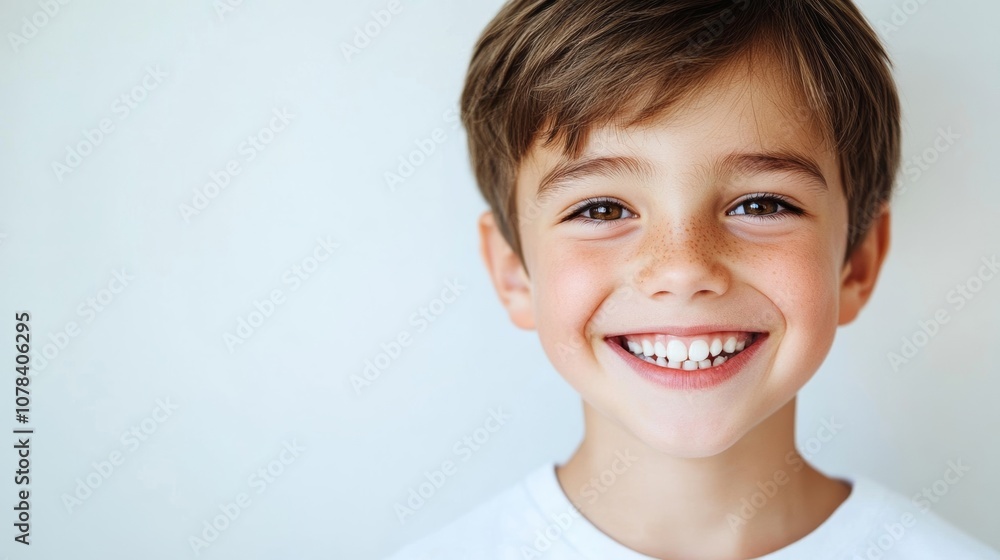 Boy smiling brightly with visible teeth, wearing white shirt Soft palette Boy smiling brightly with visible teeth, wearing white shirt Soft palette